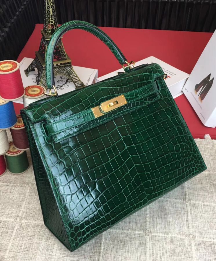 Her..mes Kelly Bag 32 Crocodile leather Green