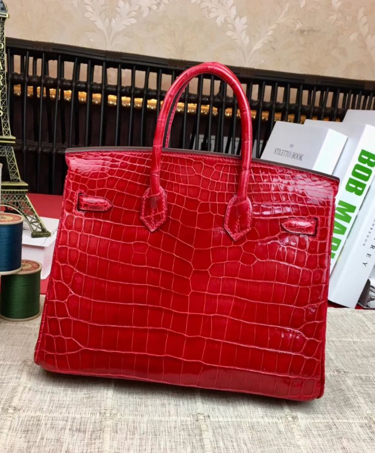 "Her..mes Birkin 25, Luxury Handbag, Crocodile Leather, Red Handbag, Designer Handbag"