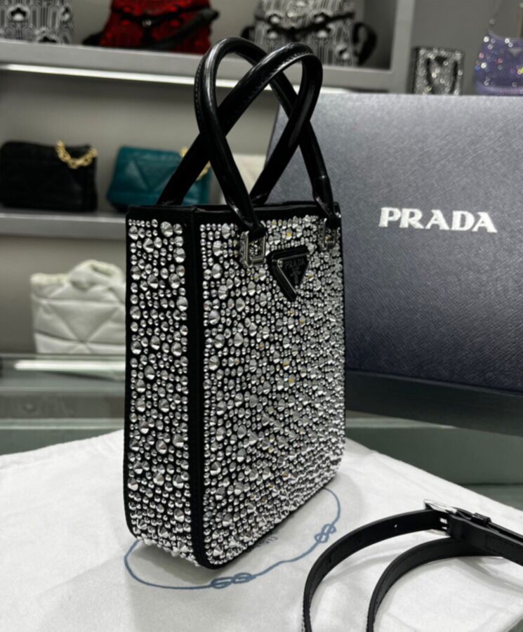 Pra.-da Small crystal-studded satin tote bag 1BA331 Black