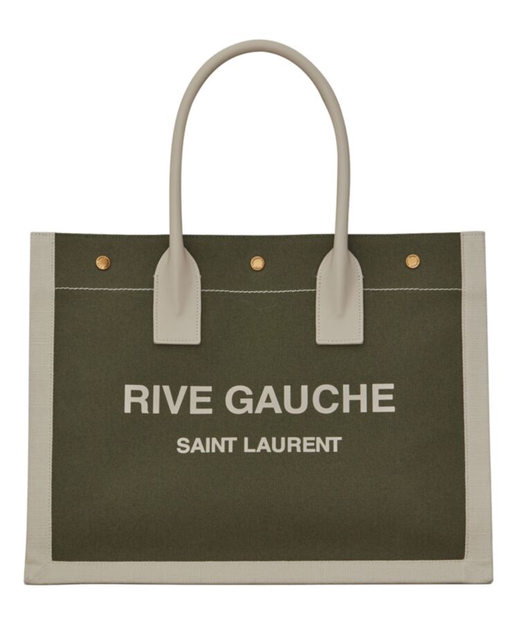 Saint.Lau.rent Rive Gauche Small Tote Bag In Linen And Leather Green