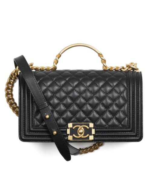 Cha.nel Boy Cha.nel, Flap Bag with Handle, A94804 Black, Grained Shiny Calfskin, Gold-Tone Metal