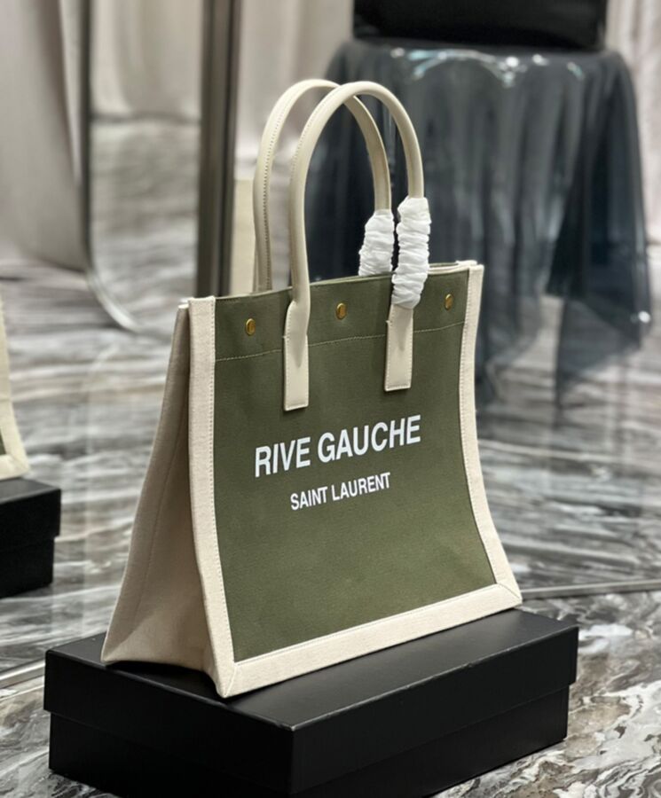 Saint.Lau.rent Rive Gauche Small Tote Bag In Linen And Leather Green