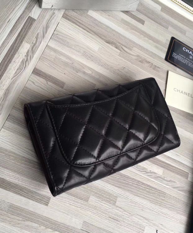 Cha.nel Lambskin Quilted Large Flap Wallet Black