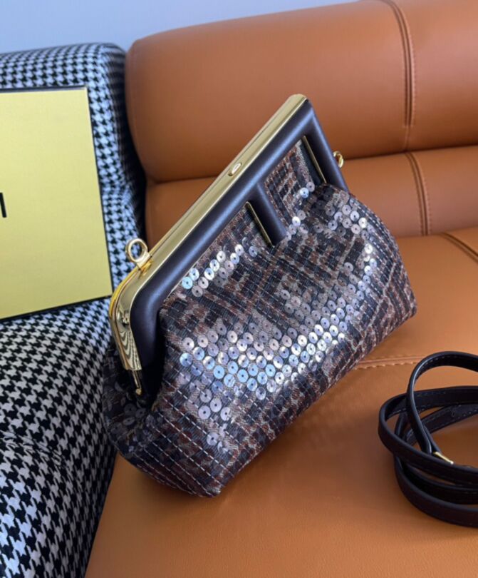 Fen.di First Small, jacquard FF motif, shiny transparent sequins, nappa leather, shoulder strap, clutch bag.