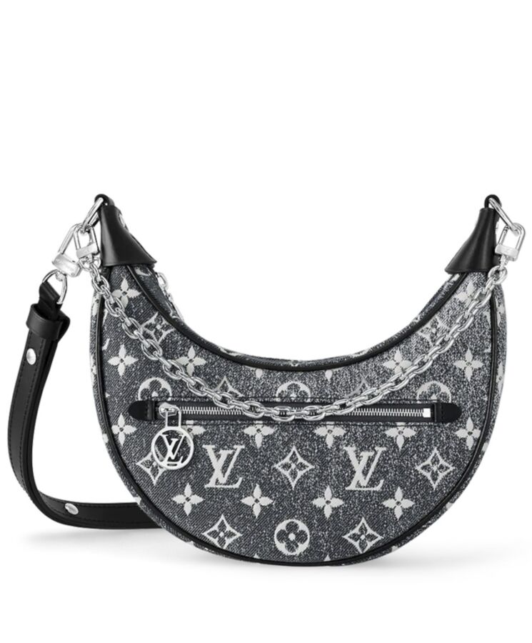 L.*V Loop, Monogram Jacquard Denim Bag, L.*V Circle zip pull, SiL.*Ver-tone hardware, Removable adjustable strap.