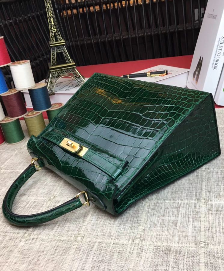 Her..mes Kelly Bag 32 Crocodile leather Green