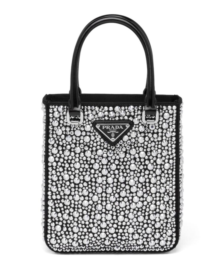 Pra.-da Small crystal-studded satin tote bag 1BA331 Black