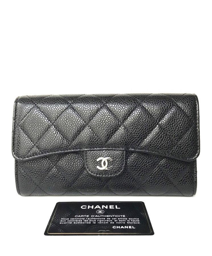 Cha.nel Quilted Flap Wallet in Caviar A31506 Black