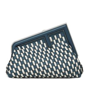 Fen.di First Small, Luxury Handbag, 8BP129 Blue, Hand-woven Leather Bag