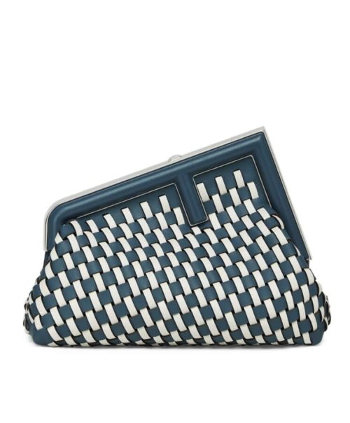 Fen.di First Small, Luxury Handbag, 8BP129 Blue, Hand-woven Leather Bag