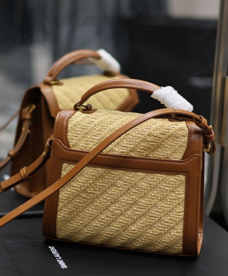 Saint.Lau.rent Cassandra Mini Top Handle Bag In Raffia And Vegetable-Tanned Leather Coffee