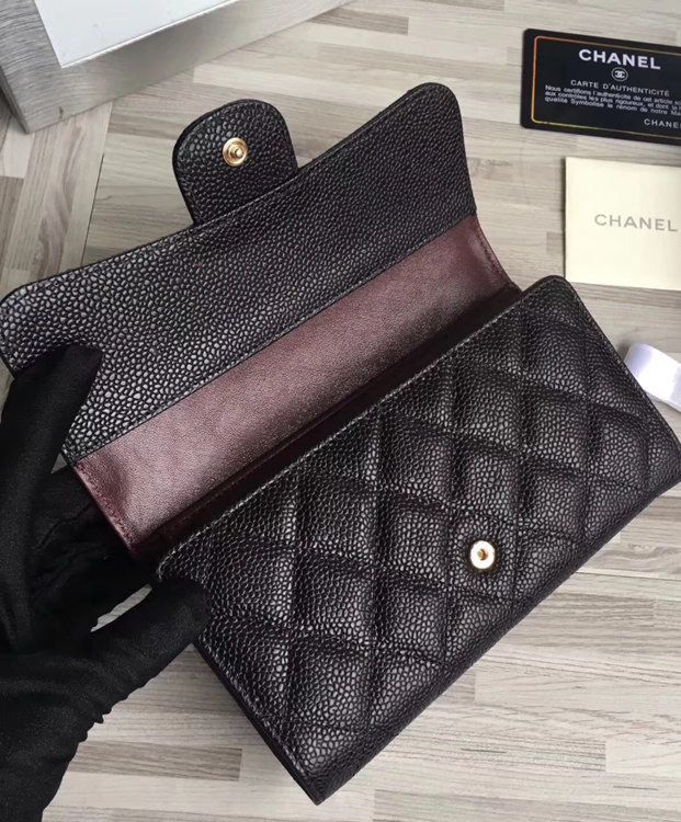 Cha.nel Quilted Flap Wallet in Caviar A31506 Black