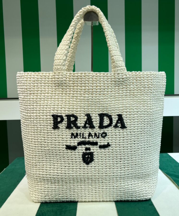 Pra.-da Crochet Tote Bag 1BG392 Cream