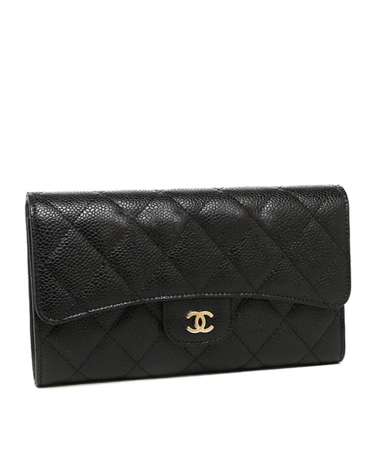 Cha.nel Quilted Flap Wallet in Caviar A31506 Black