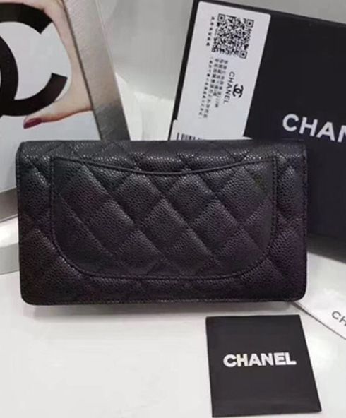 Cha.nel Quilted Bi-fold Wallet in Caviar Black