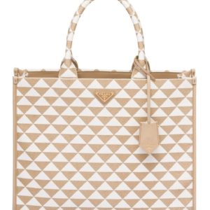 Pra.-da Large Pra.-da, Embroidered Fabric Handbag, Pra.-da Symbole Handbag, Cream Handbag 1BA356