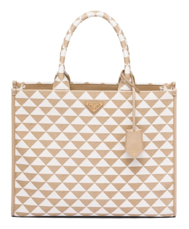 Pra.-da Large Pra.-da, Embroidered Fabric Handbag, Pra.-da Symbole Handbag, Cream Handbag 1BA356