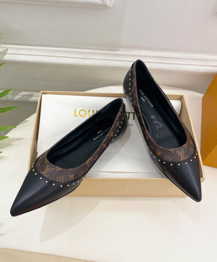 L.*V Women's, Signature Flat Ballerina, Luxury Ballet Flats, Monogram Canvas, Gold-stone Studs