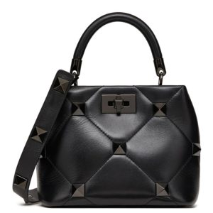 Valen.tino Garavani Roman, Stud Handle Bag, Black Lambskin Nappa, Luxury Handbag