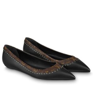 L.*V Women's, Signature Flat Ballerina, Luxury Ballet Flats, Monogram Canvas, Gold-stone Studs