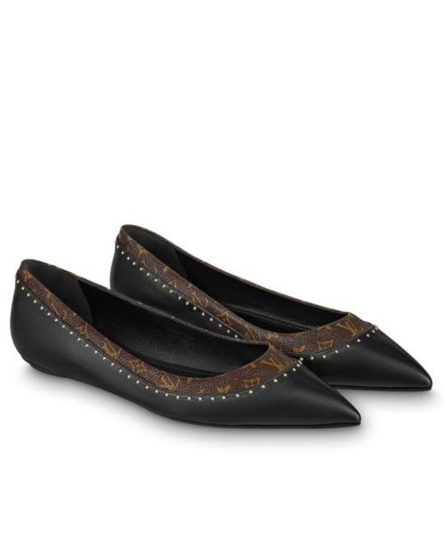 L.*V Women's, Signature Flat Ballerina, Luxury Ballet Flats, Monogram Canvas, Gold-stone Studs