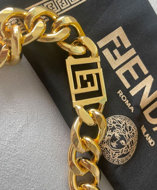 Fen.di Strap You, Ver.sace by Fen.di, Gold-finish metal strap, FF logo, luxury shoulder strap