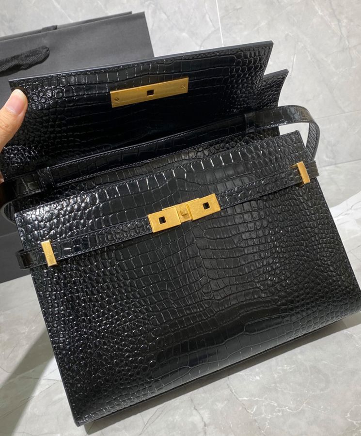 Saint.Lau.rent Manhattan Shoulder Bag In Crocodile-embossed Shiny Leather 579271 Black