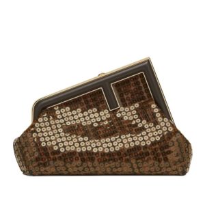 Fen.di First Small, jacquard FF motif, shiny transparent sequins, nappa leather, shoulder strap, clutch bag.