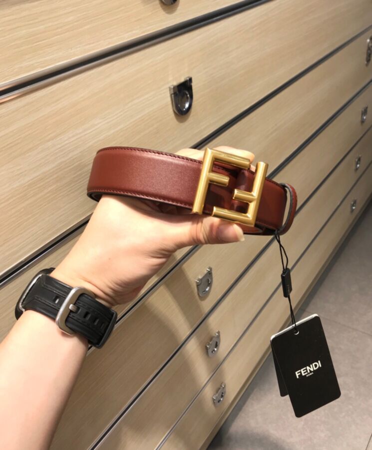 Fen.di Natural-Coloured Leather Belt, Luxury Leather Belt, High-Quality Fen.di Belt, Fen.di Belt with FF Studs