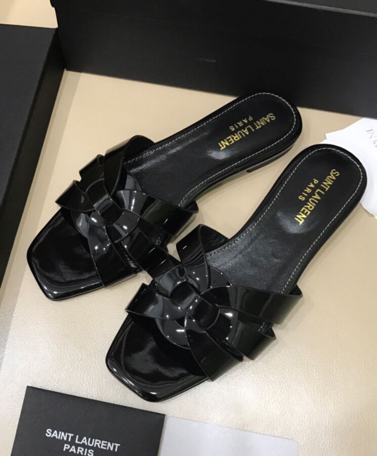 Saint.Lau.rent Women's Tribute Mules, Patent Leather Mules, Designer Slide Sandals