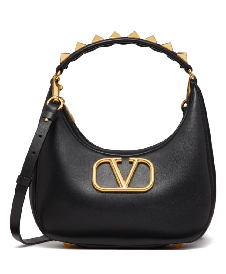 Valen.tino Stud Sign Calfskin Hobo Bag Black