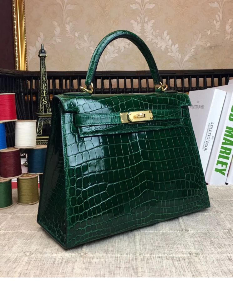 Her..mes Kelly Bag 32 Crocodile leather Green