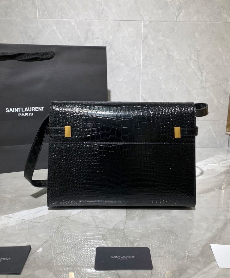 Saint.Lau.rent Manhattan Shoulder Bag In Crocodile-embossed Shiny Leather 579271 Black