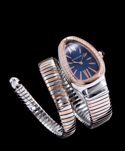 Bvl.gar 18-carat pink-gold, Luxury Steel Watch, Quartz Movement, Blue Opaline Dial, Pink Rubellite, Bvl.gar-Bvl.gar Collection.