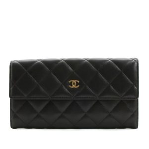 Cha.nel Lambskin Quilted, Large Flap Wallet, Black Lambskin Wallet