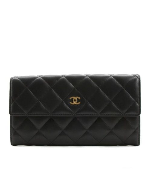 Cha.nel Lambskin Quilted, Large Flap Wallet, Black Lambskin Wallet