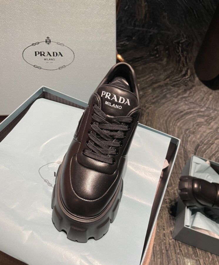 Pra.-da Women's Soft Padded Nappa, Black Lace-up Shoes, Monolith Design, Luxury Leather Shoes