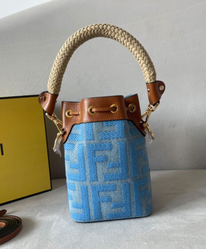 Fen.di Mon Tresor, Denim Bucket Bag, Leather Trim Bag, Bucket Bag with Detachable Straps, Gold-finish Metalware Bag