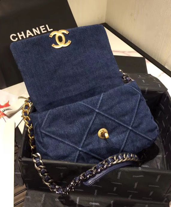 Cha.nel 19 Flap Bag, AS1160 Blue, Luxury Handbag, High-quality Denim, Gold-Tone Metal, SiL.*Ver-Tone Metal, Ruthenium-Finish Metal.