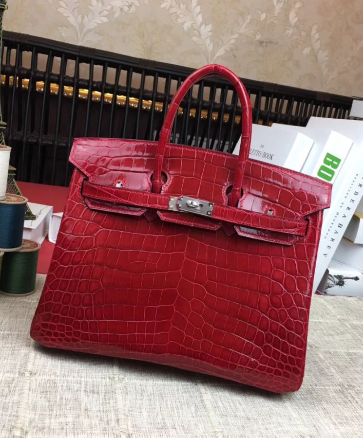 "Her..mes Birkin 25, Luxury Handbag, Crocodile Leather, Red Handbag, Designer Handbag"