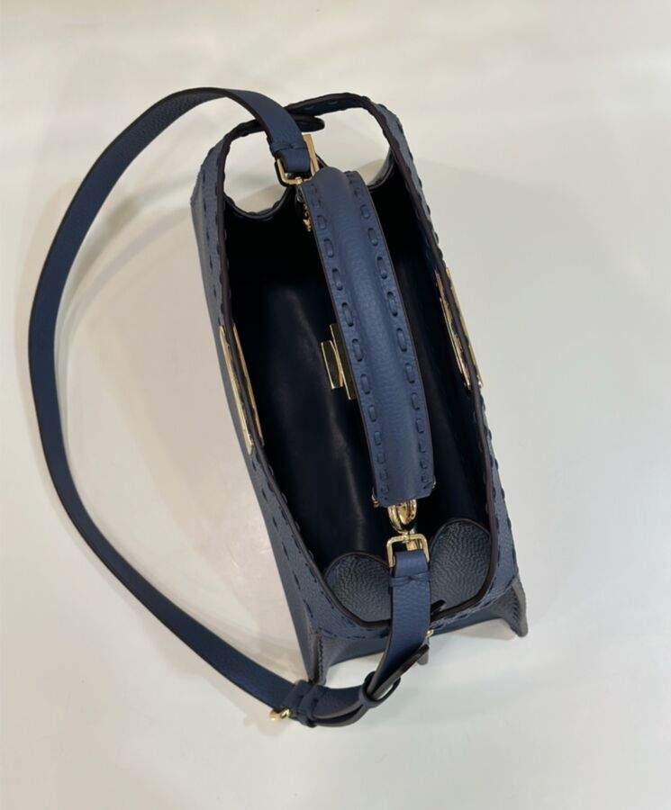 Fen.di Peekaboo ISeeU, Luxury Handbag, Cuoio Romano leather, Medium 8BN321 Blue