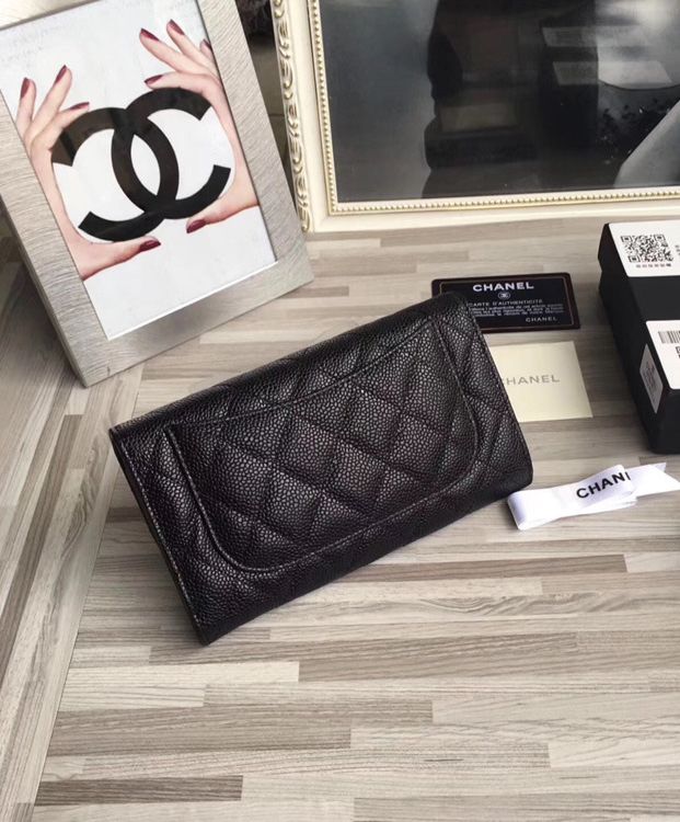 Cha.nel Quilted Flap Wallet in Caviar A31506 Black