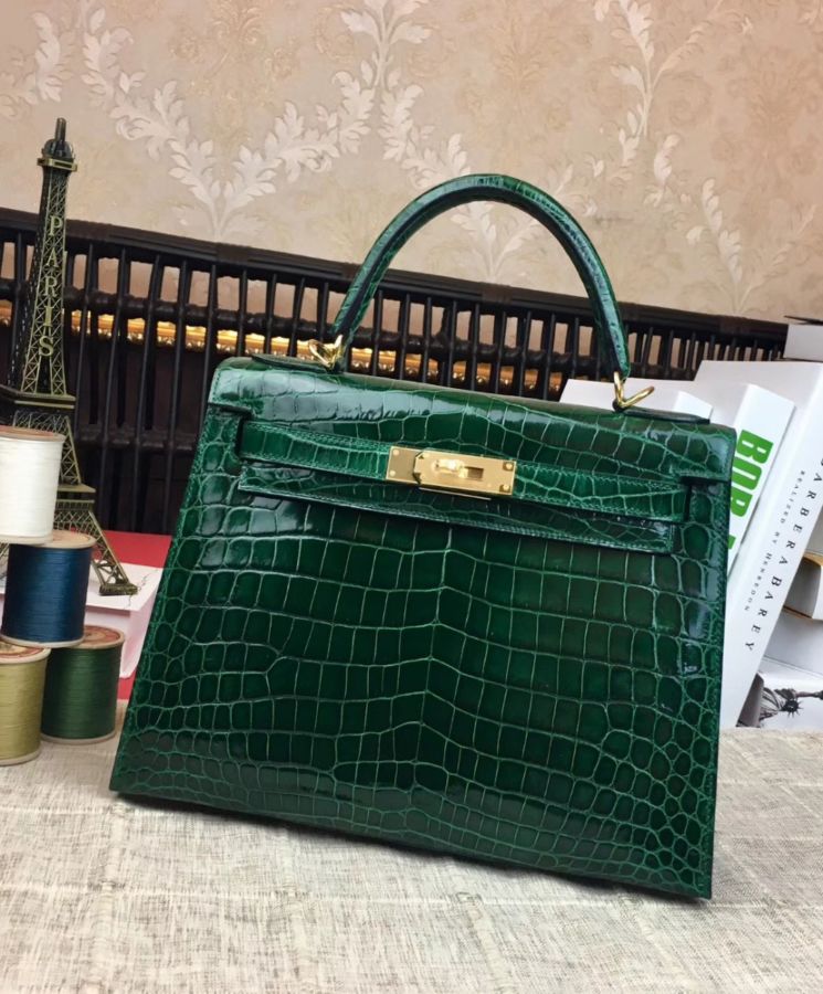 Her..mes Kelly Bag 32 Crocodile leather Green