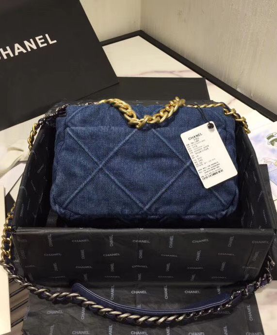 Cha.nel 19 Flap Bag, AS1160 Blue, Luxury Handbag, High-quality Denim, Gold-Tone Metal, SiL.*Ver-Tone Metal, Ruthenium-Finish Metal.