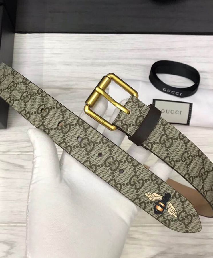 G.U.C.C Bee print GG Supreme belt with Square buckle Coffee