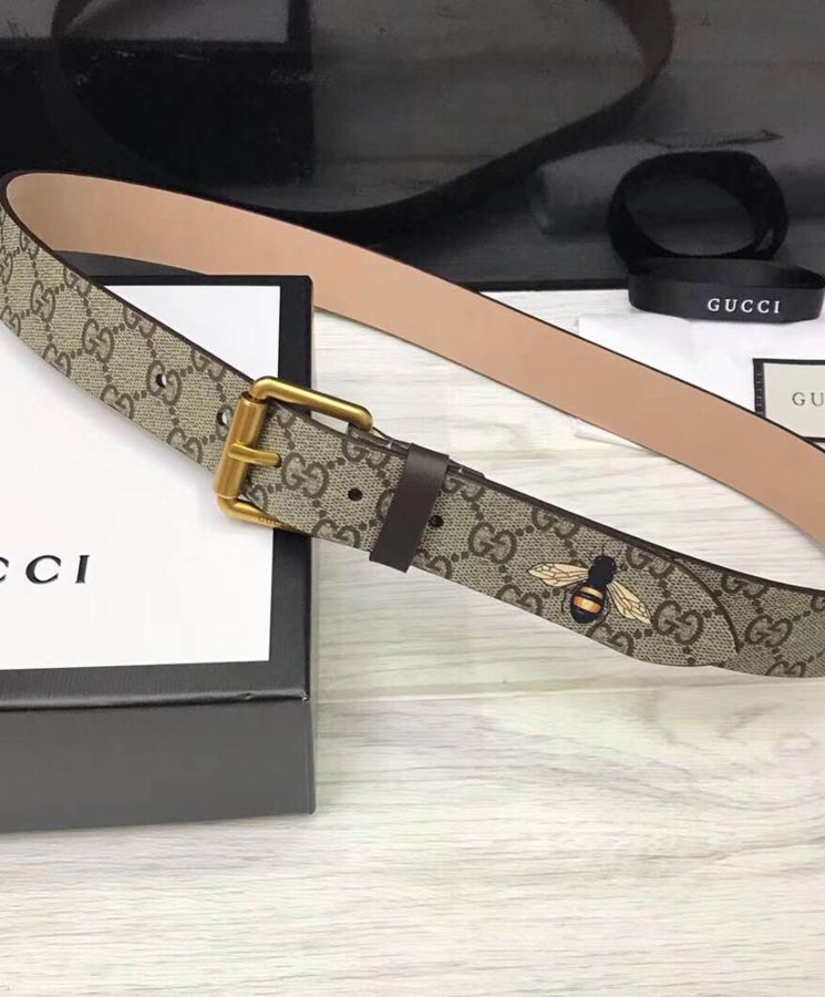 G.U.C.C Bee print GG Supreme belt with Square buckle Coffee