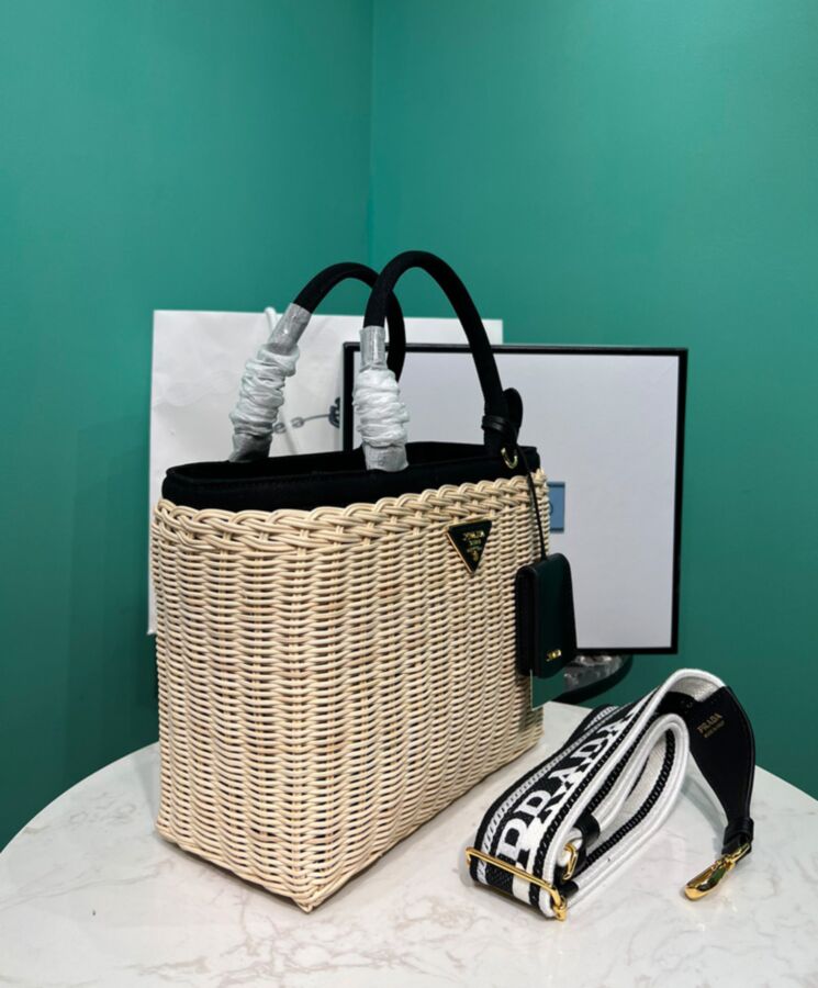 Pra.-da Wicker And Canvas Tote 1BG835 Black