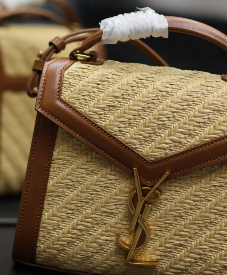 Saint.Lau.rent Cassandra Mini Top Handle Bag In Raffia And Vegetable-Tanned Leather Coffee