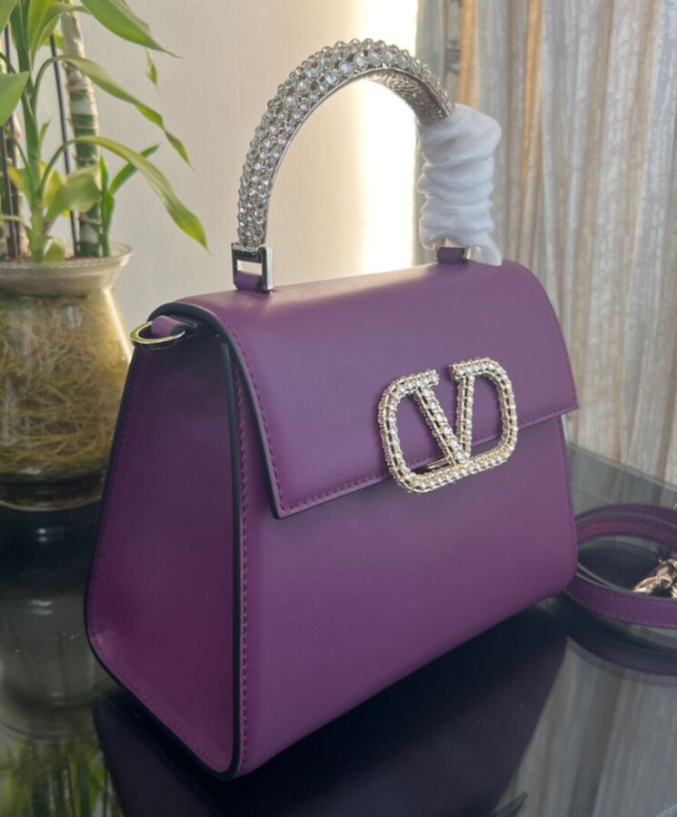 Valen.tino Small Vsling, Calfskin Handbag, Jewel Handle Bag, Luxury Designer Bag, Valen.tino Garavani Bag