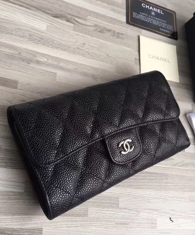 Cha.nel Quilted Flap Wallet in Caviar A31506 Black